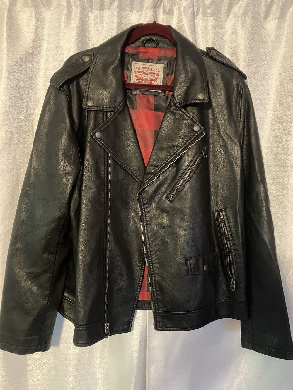 Levi's Faux Leather Motorcycle Jacket Zippered LM8RU817 Flannel Lined Blk XL